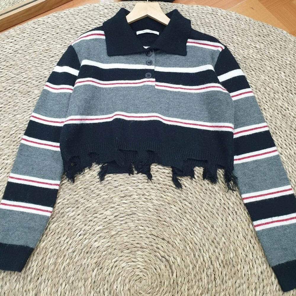 Striped Polo Collar Distressed Crop Knit Sweater Trendy Top